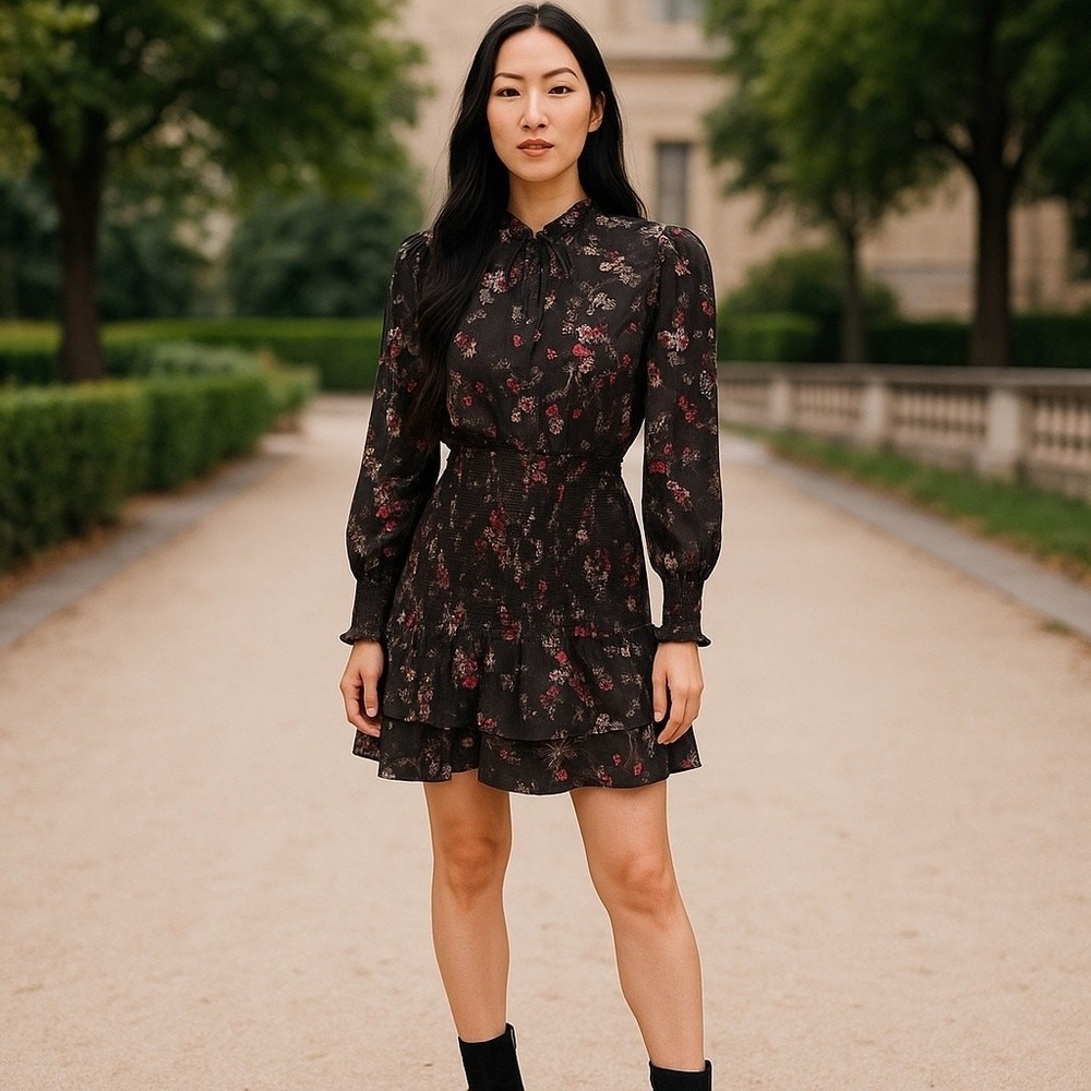 CINQ À SEPT Sakura Floral‎ Long Sleeve Satin Dress In Asphalt Multi size 2 NEW